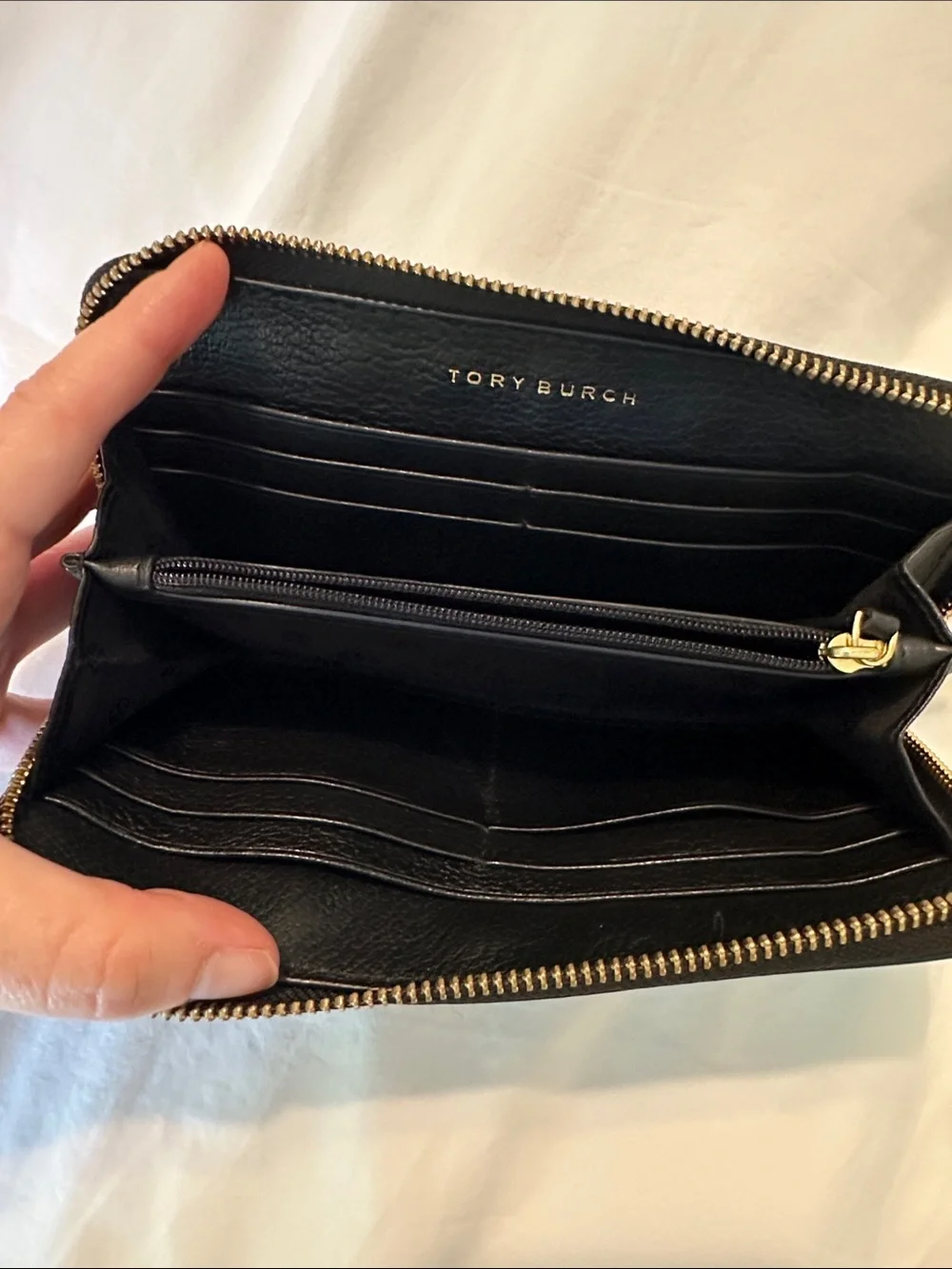Tory Burch Black Pebbled Leather Zip-Around Wallet with Gold Logo